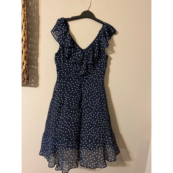 DKNY Dress Navy Blue Ivory 10 Polka Dot Flutter Sleeve A Line Flowy Summer - Picture 6 of 9
